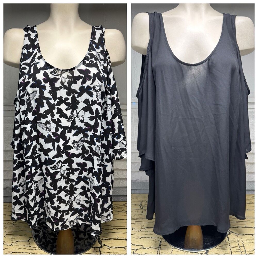 2 Torrid Open Shoulder Blouse Top Shirt Lot Sheer Black White Butterflies Size 4
